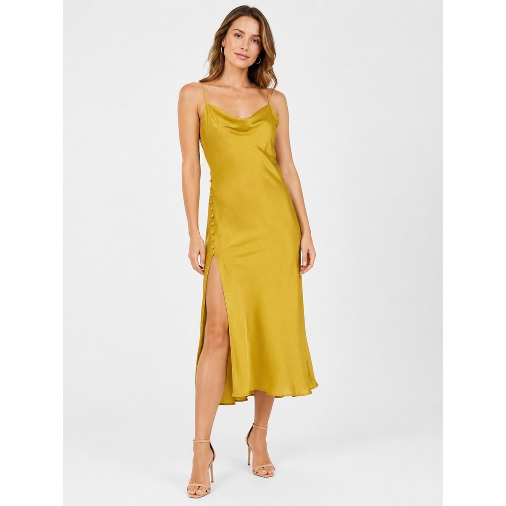 Zara Slip Midi Dress Womens XS Yellow Satin Cowl Neck Side Slit Button Detail